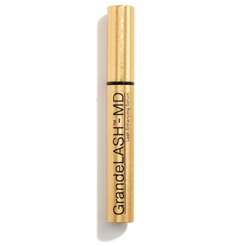 Een goudkleurige tube, gemarkeerd met GrandelASHÉ MD, is een wimperserum. Het is lang en slank met een zwart band.