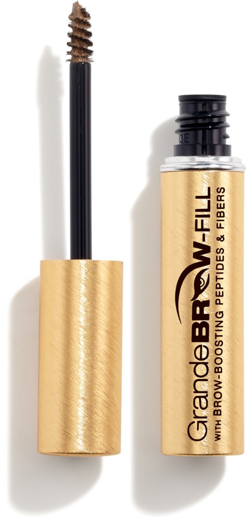 Een beige tube met wenkbrauwgel en een zwarte applicator. De tube heeft tekst en een logo.
