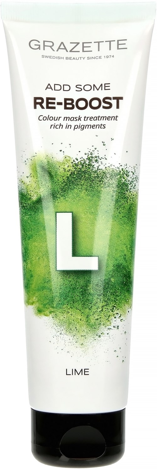 En vit tub med ansiktsmask med grönt pulver, märkt 'GRAZETTE RE-BOOST Lime' och produktbeskrivning.