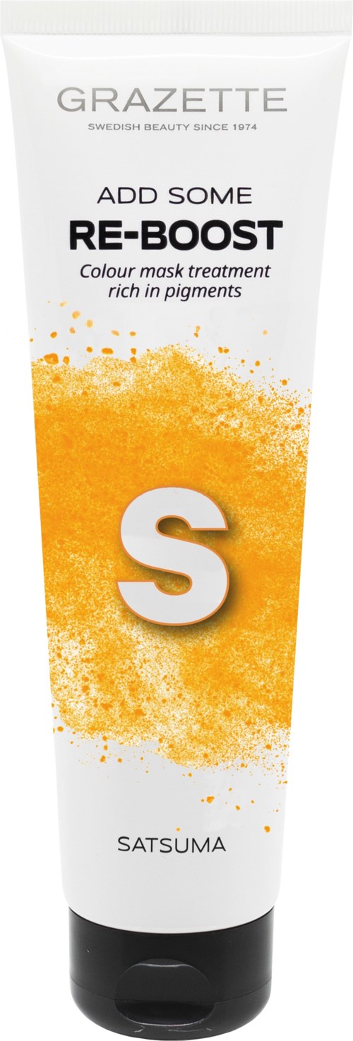 En vit tub med svart lock, orange pigmentstänk och stort vitt 'S'-brev, visar ansiktsmaskens produktdetaljer.