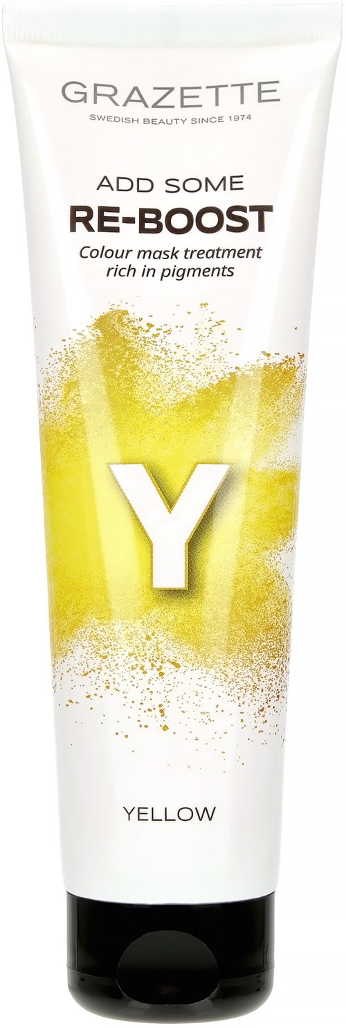 Valkoinen putki keltaisin maalauspistein, teksti värimaskin hoidosta, suuri keltainen Y keskellä.