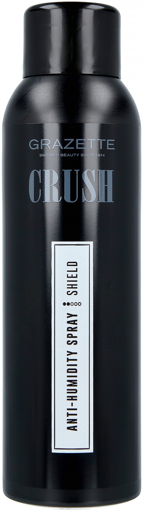 Een zwarte bus Grazette Crush Anti-Humidity Spray & Shield, ontworpen voor haarverzorging.