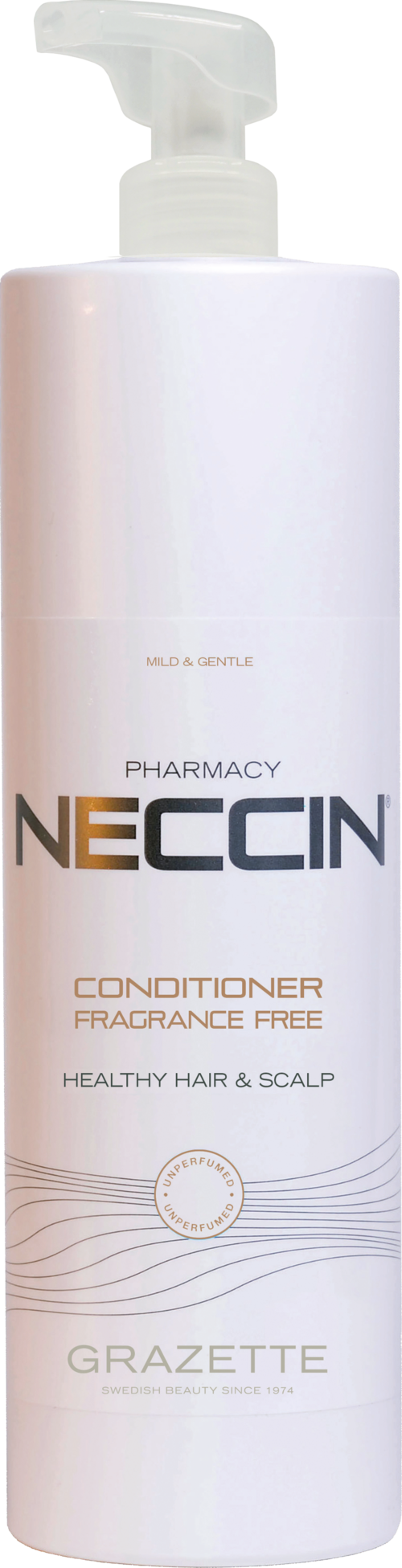 Een witte fles met pompfles, gelabeld 'Necc in' en zegt dat het parfumvrij conditioner voor gezond haar is.