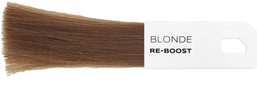 En hårförlängning märkt som blond, lång och med en vit etikett som säger Re-Boost.