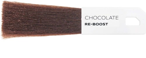 Ruskea harja, jonka valkoinen kahva on merkitty "Chocolate Re-Boost." Se näyttää meikki- tai hiusharjalta.