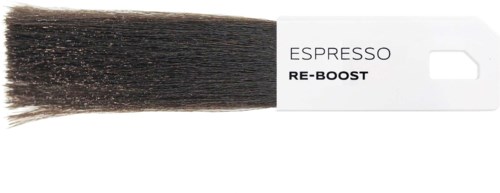 Sivellin har tummat harjaksia ja valkoisen tarran, jossa lukee "ESPRESSO RE-BOOST."