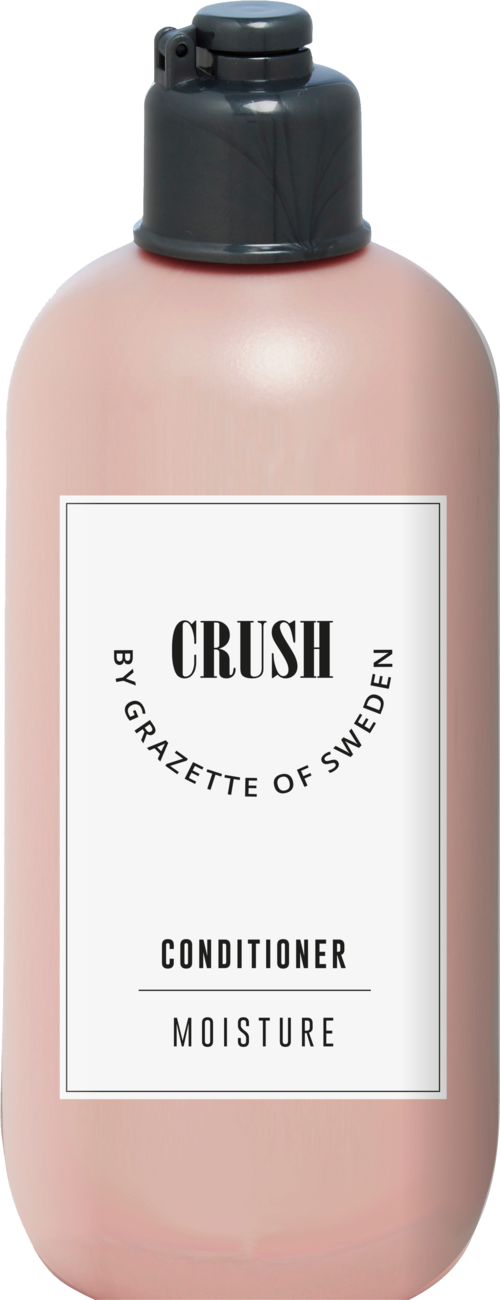Een roze fles met label 'Crush Conditioner Moisture' van Gazelle of Sweden met zwarte dop.