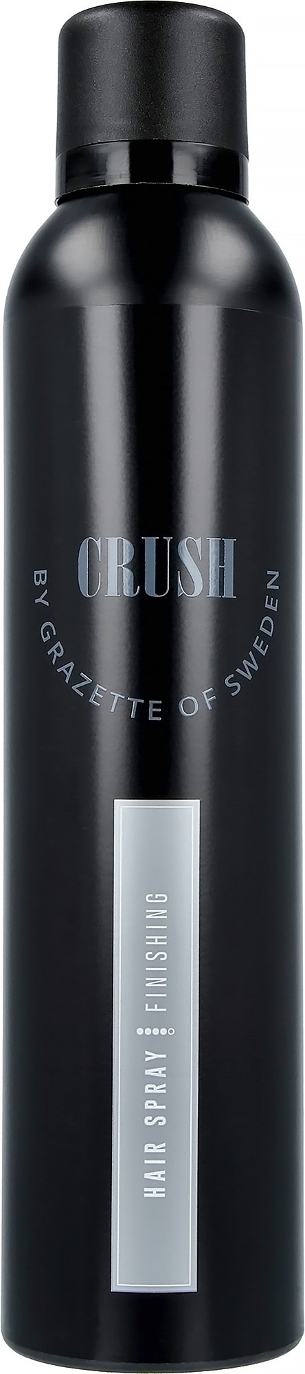 Een zwarte haar spray fles met witte tekst, gelabeld 'CRUSH' en 'Hair Spray & Finish'.