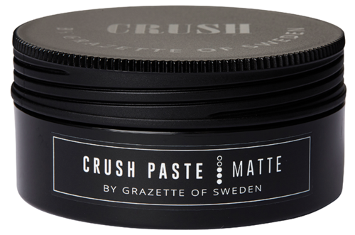 Musta purkki Crush Paste Matte -tuotteesta, valmistaja Grazette of Sweden.