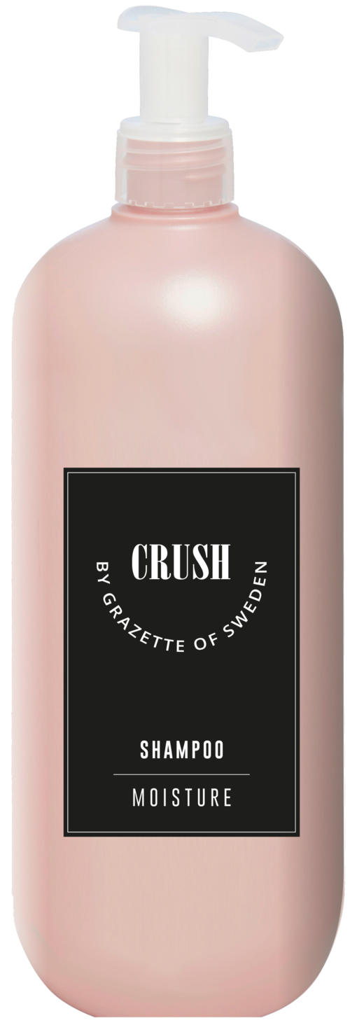 Een roze flacon shampoo met pomp, gelabeld "CRUSH," van Gazlette of Sweden, voor vochtinbrengende haarverzorging.