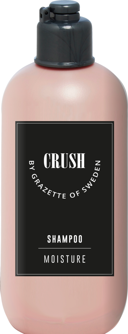 Roze shampoo fles met zwarte dop, gelabeld 'CRUSH' en 'Moisture'.