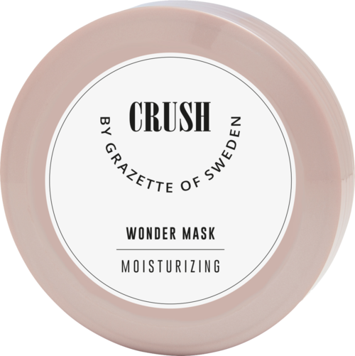 Een ronde container met roze deksel, gelabeld 'Crush' door Gazette of Sweden, Wonder Mask, hydraterend.