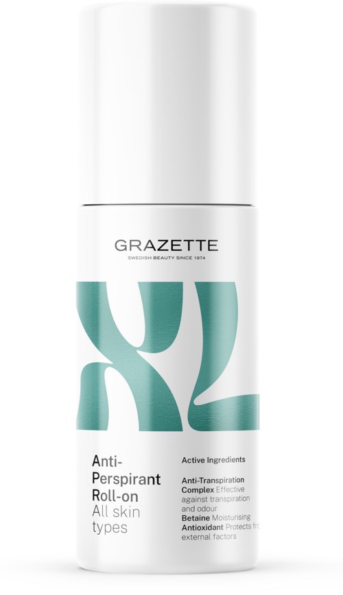 A white roll-on container with teal and black text, labeled 'GRAZETTE Anti-Perspirant Roll-on' for all skin types.