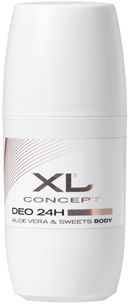 En vit deodorantsticka med en etikett som läser XL Concept DEO 24H, Aloe Vera och Sweets Body.