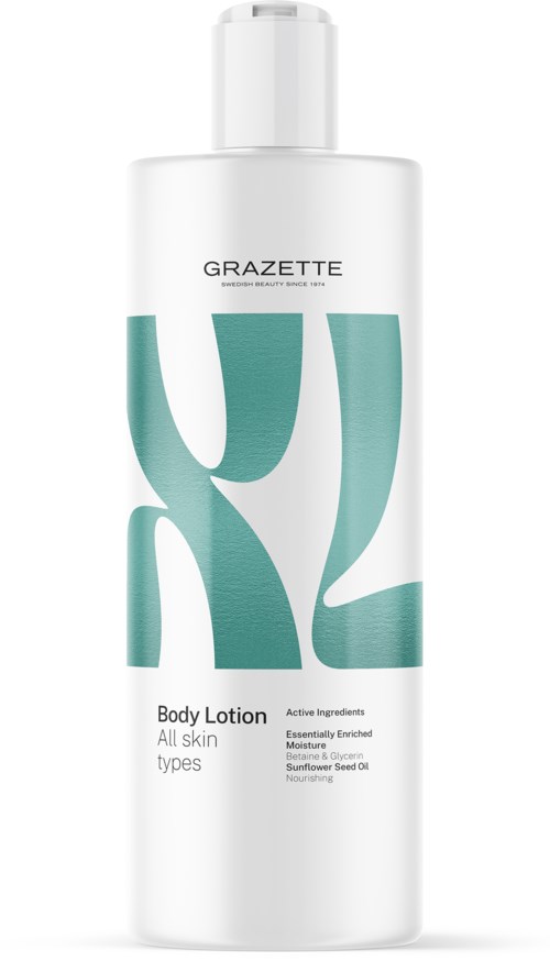 Witte fles met lichaamslotion met turquoise abstract ontwerp, geschikt voor alle huidtypes, met actieve ingrediënten en hydraterende crème.