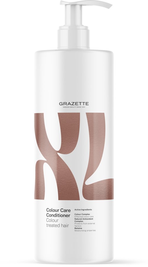 Een witte fles met pomp. Het heeft de tekst 'GRAZETTE' en 'Colour Care Conditioner' voor gekleurd haar.
