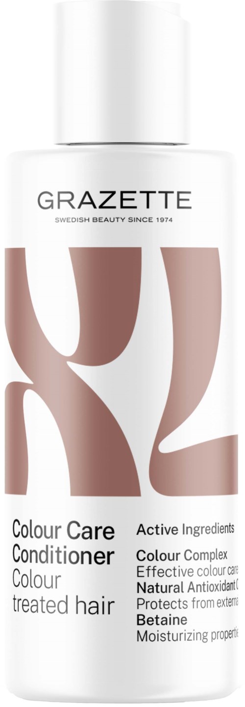 Een witte fles van Grazeette Colour Care Conditioner voor gekleurd haar met actieve ingrediënten en natuurlijke antioxidanten.