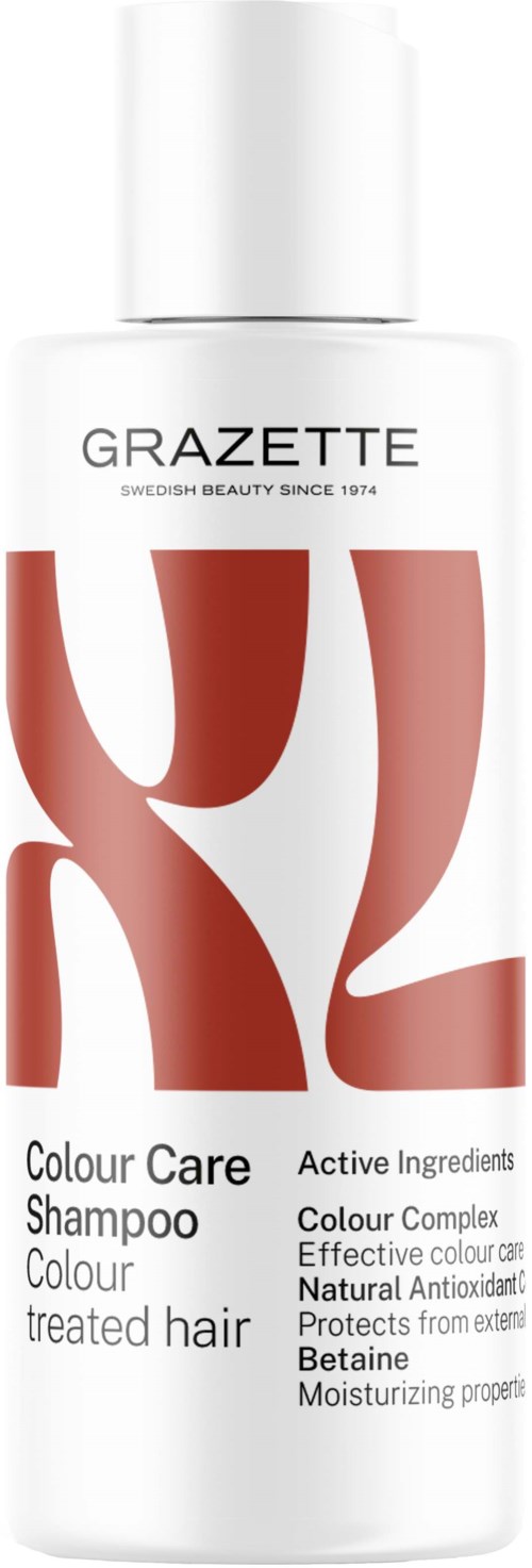 Eine weiße Flasche mit großen roten und rosa Buchstaben, gekennzeichnet Grazette Colour Care Shampoo, für coloriertes Haar.