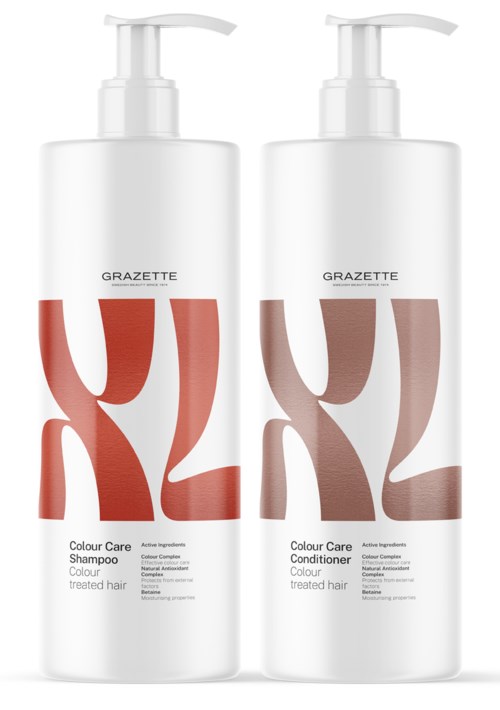 Twee flessen haarverzorgingsproducten, een shampoo en een conditioner, met modern ontwerp en grote, kleurrijke letters.