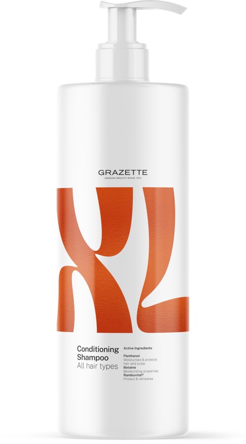 En vit flaska med pump, märkt 'GRAZETTE Conditioning Shampoo' för alla hårtyper, med orange design. 