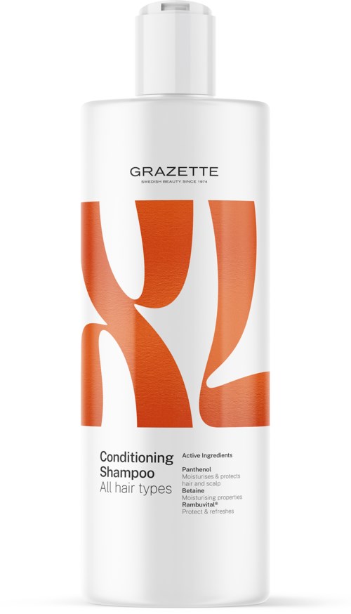 En vit flaska GRAZETTE-shampoo med orange abstrakta mönster, märkt för alla hårtyper.