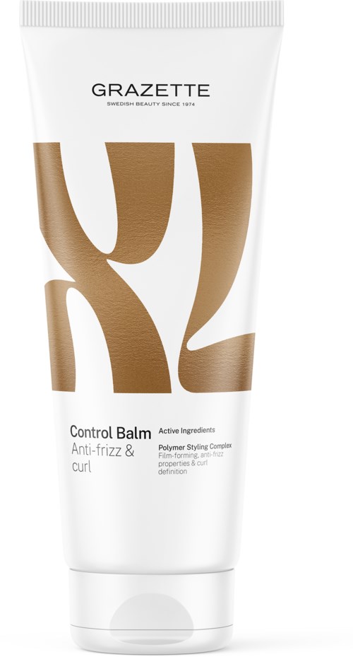 Grazette Control Balm is een witte tube met grote gouden en bruine letters, die anti-pluis en krult controle bevorderen.