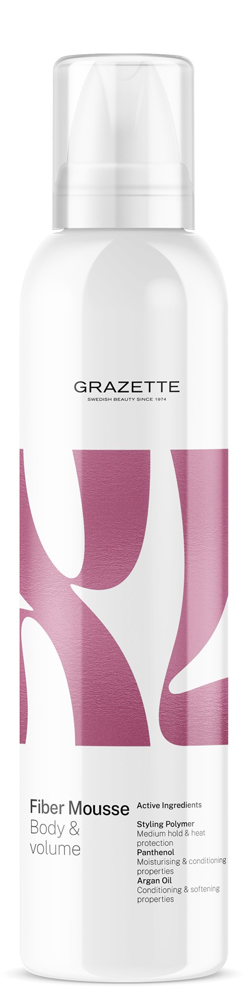 A white bottle with pink and black text, labeled 'GRAZETTE Fiber Mousse' for styling hair, especially for volume.
