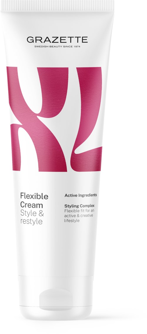 Eine weiße Tube mit rosa Design und schwarzem Text, beschriftet Grazette Flexible Cream für Styling und Umstyling.