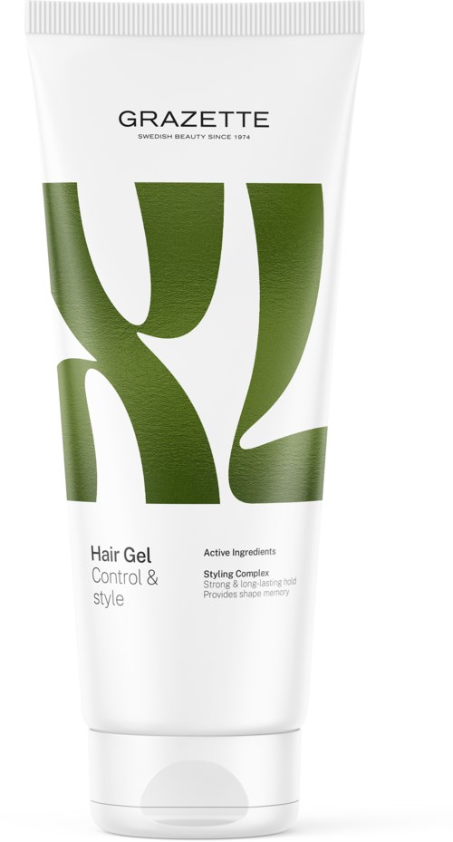 Eine weiße Tube mit Haargel, grünes Design und schwarzem Text, Marke GRAZETTE Hair Gel Control & Style.