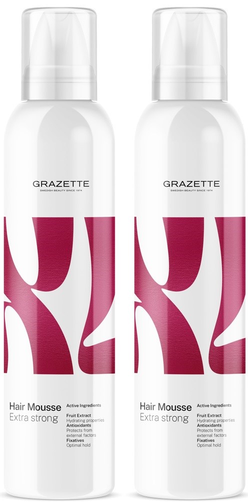 Twee flessen GRAZETTE Hair Mousse, gelabeld als extra sterk, met roze en wit ontwerp.