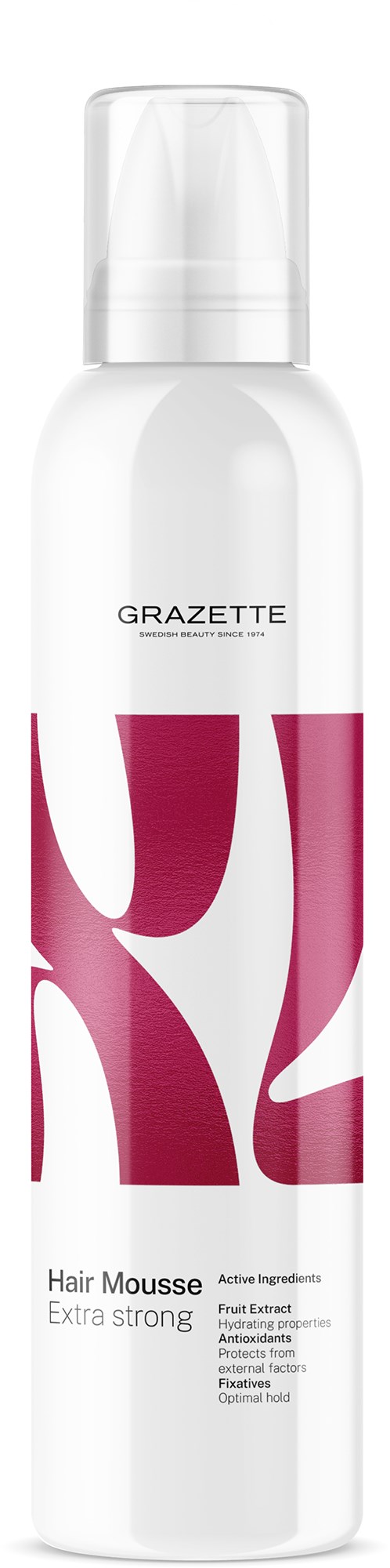 A white bottle of GRAZETTE Hair Mousse Extra Strong with pink and white design, and a clear cap.