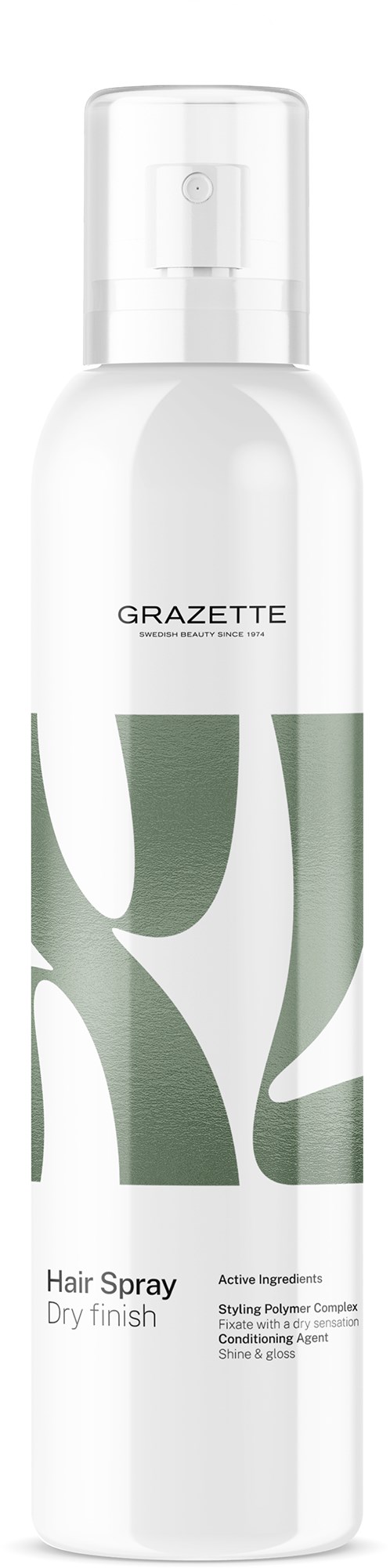 Een witte fles met label 'GRAZETTE' met haarlak voor een droge finish.