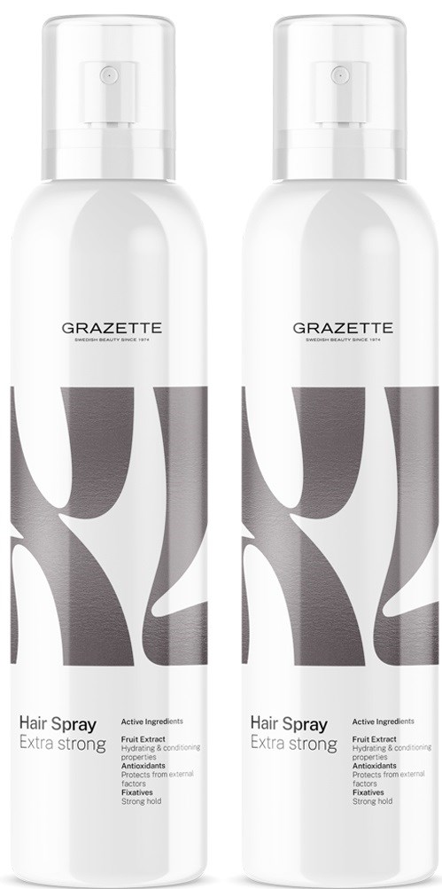Twee identieke flessen haarlak met het label 'GRAZETTE' en 'Extra strong'.