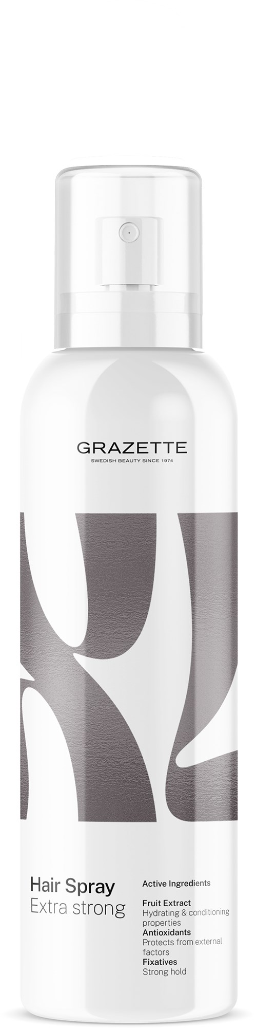 Eine weiße Sprühflasche mit der Aufschrift "Grazette Hair Spray Extra Strong" und abstraktem schwarzen und weißen Design.