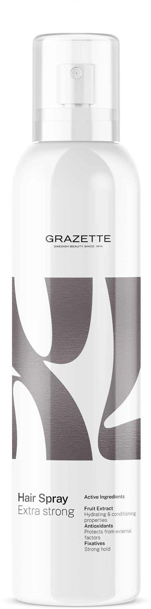 Een witte fles met zwarte en grijze tekst voor haar spray, gelabeld 'GRAZETTE'. Het is lang en heeft een spraydop.