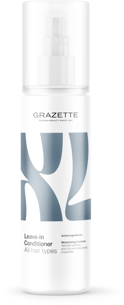 Eine weiße Sprühflasche mit der Aufschrift 'GRAZETTE' für alle Haartypen Leave-in-Conditioner mit aktiven Inhaltsstoffen und feuchtigkeitsspendenden Vorteilen.