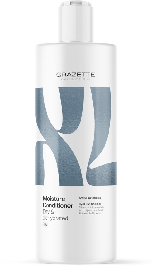 Eine weiße Flasche mit blauen abstrakten Formen, gekennzeichnet als Feuchtigkeitsconditioner für trockenes, dehydriertes Haar, enthält Hyaluron-Komplex.
