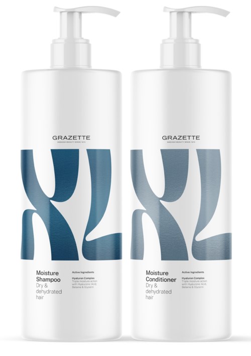 Two white bottles with pumps, labeled as moisture shampoo and conditioner for dry, dehydrated hair, with blue design.