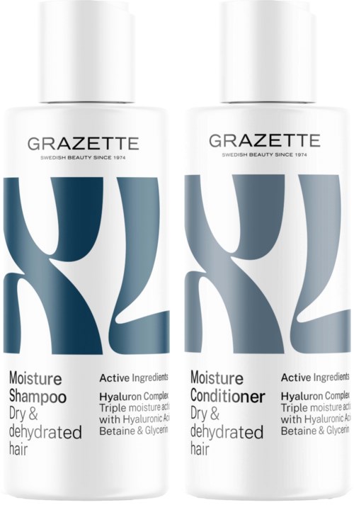 Twee witte flessen haarverzorgingsproducten: shampoo en conditioner, voor droog en gedehydrateerd haar, met actieve ingrediënten.