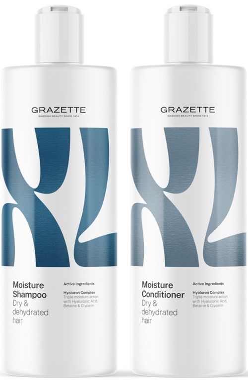 Two white bottles labeled GraZette, one for shampoo and one for conditioner, designed for dry and dehydrated hair.