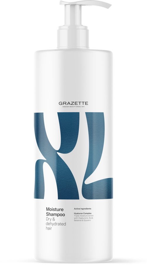 Een witte fles met pomp, gemerkt 'GRAZETTE' en 'Moisture Shampoo' voor droog, gedehydrateerd haar.