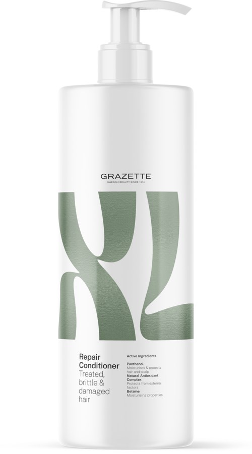 Een witte fles met pomp, gelabeld 'GRAZETTE Repair Conditioner' voor beschadigd haar.
