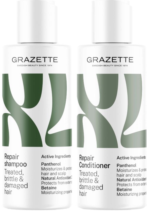 Twee haarverzorgingsflessen met labels 'Repair Shampoo' en 'Repair Conditioner' in groen-wit ontwerp.