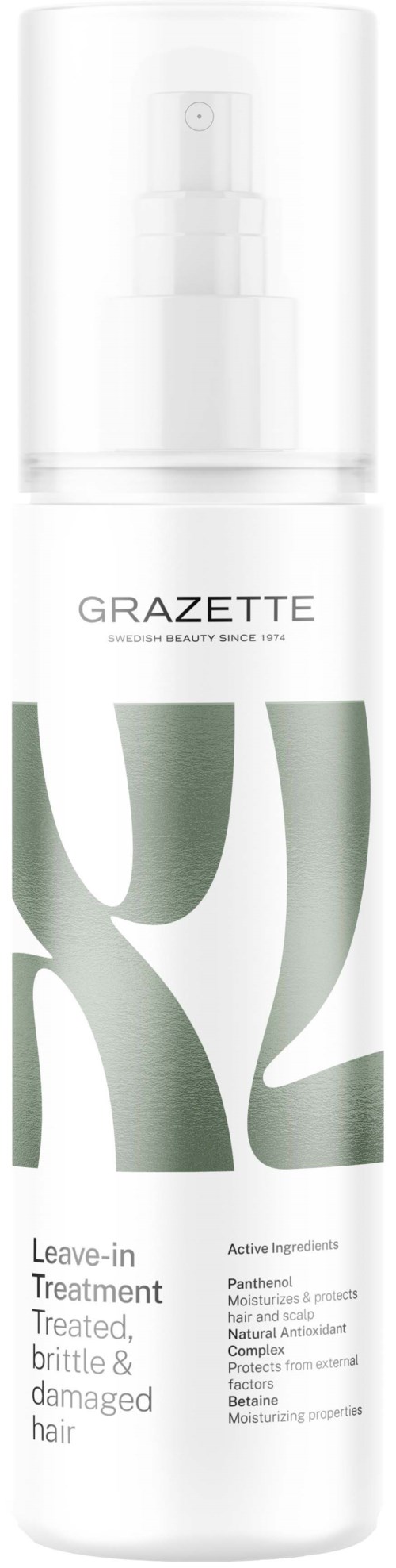 Een witte sprayfles met het label GRAZETTE voor leave-in haarbehandeling voor beschadigd, broos haar.