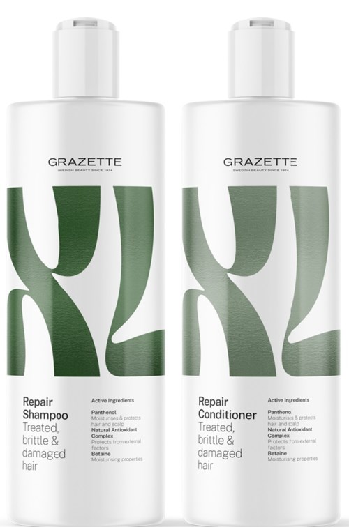Twee witte flessen met 'GRAZETTE' label en groene abstracte ontwerp, één voor herstelshampoo en één voor conditioner.