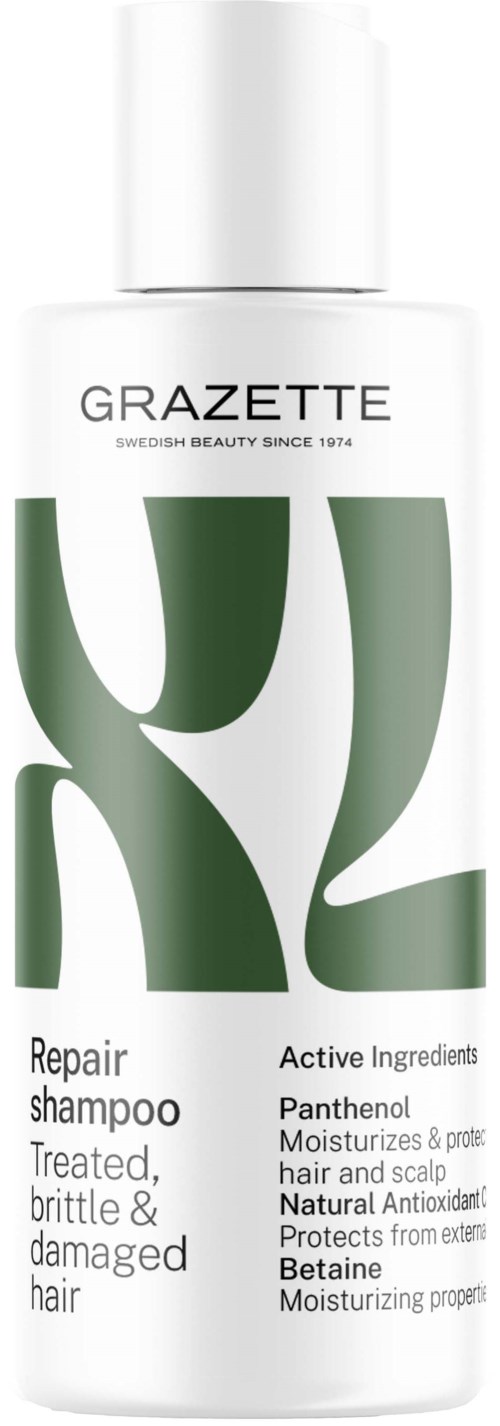 Eine weiße Flasche mit grüner und schwarzer Schrift, gekennzeichnet als Grazette Reparaturschaum für geschädigtes Haar, mit aktiven Inhaltsstoffen aufgeführt.