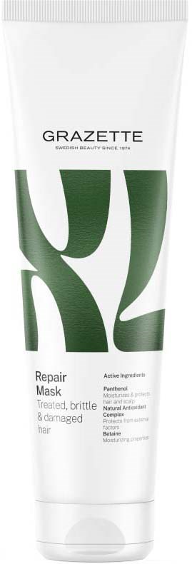 Een witte tube Grazette Repair Mask voor beschadigd, broos haar, met groene ontwerp elementen en zwarte tekst.
