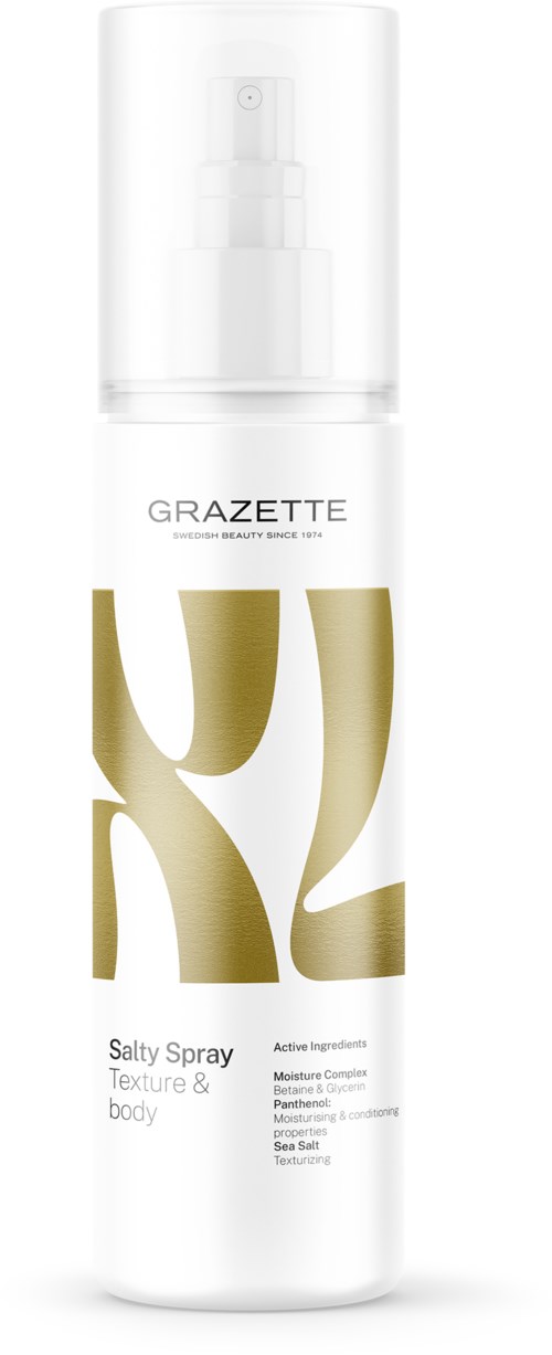 Een witte fles met doorzichtige bovenkant, gelabeld 'GRAZETTE' en 'Salty Spray' voor het lichaam.