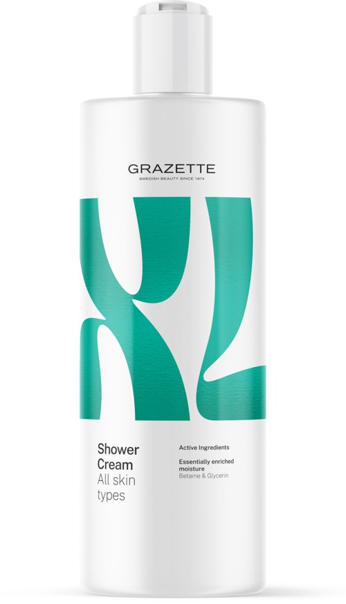 Eine weiße Flasche mit Duschcreme mit grünen abstrakten Designs, für alle Hauttypen.