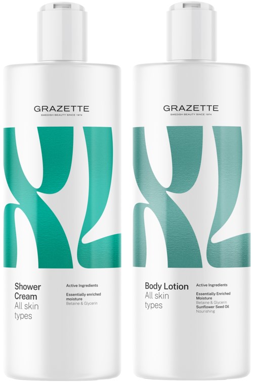 Zwei weiße Flaschen mit grünen abstrakten Formen enthalten Duschcreme und Körperlotion für alle Hauttypen.